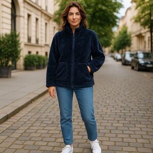 Cuddl Duds Womens 10/12 Medium Navy Blue Fleece Jacket Zip Up Quilted